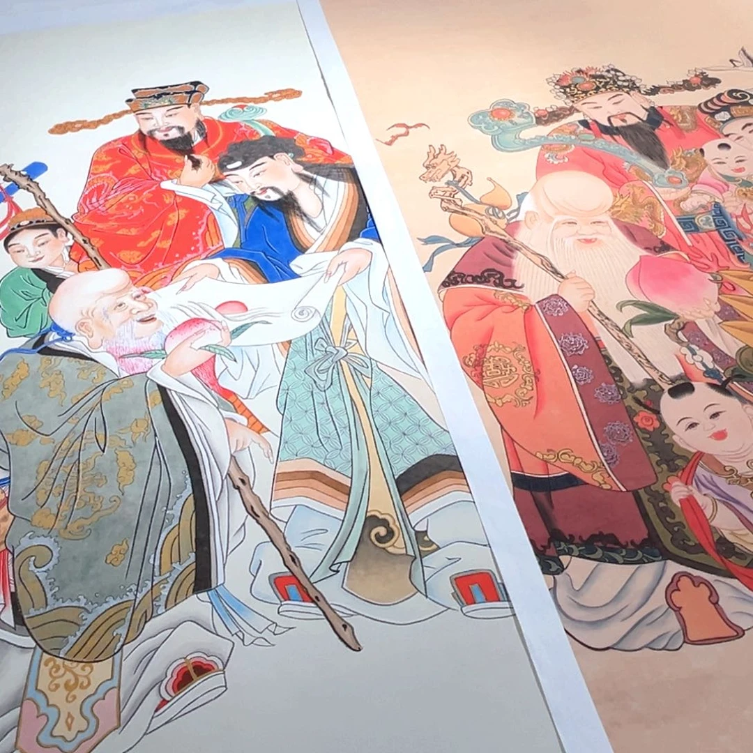 江***锅国画瑕疵福利两张福禄寿作品