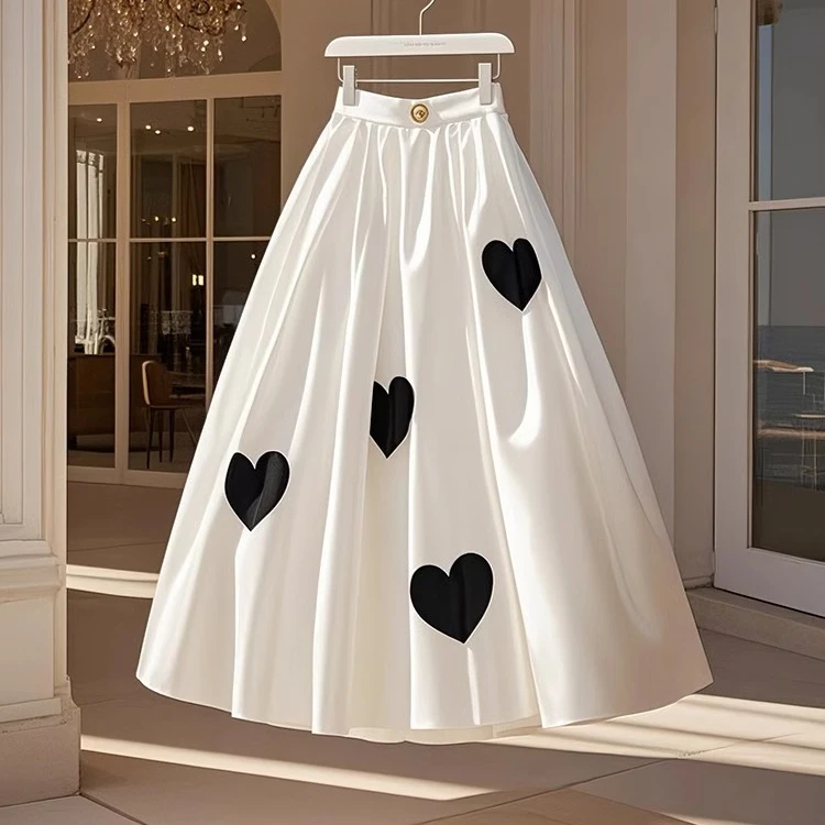 法式小香风高级洋气白色印花a字花苞半身裙女2025年新款百搭长裙