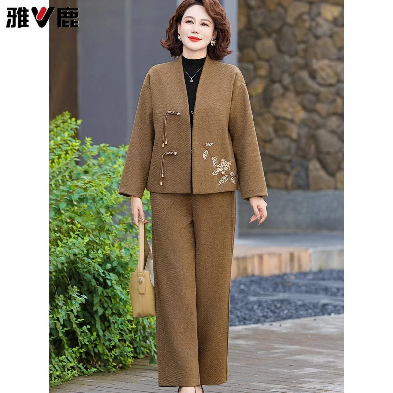 雅鹿优选妈妈秋装套装加厚新中式洋气中年女士春秋外套贵夫人毛呢