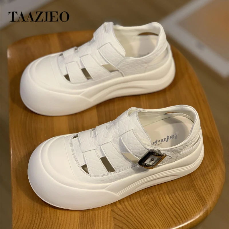 TAAZIEO真皮罗马凉鞋女2025新款夏季包头镂空厚底洞洞鞋百搭魔术