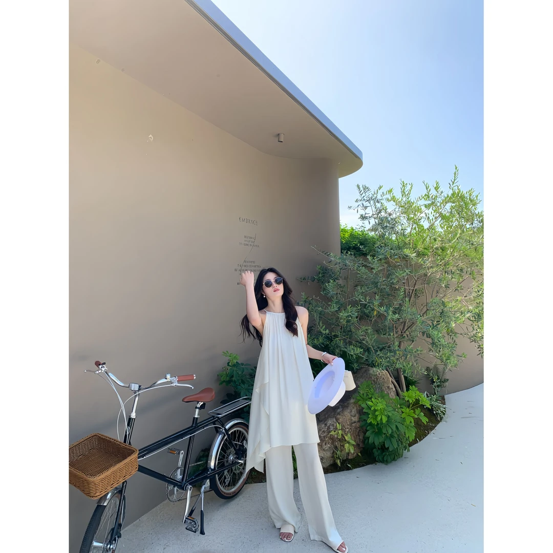 Ah·Jing 梓静【极简静奢】无袖露肩设计感宽松慵懒挂脖时尚套装0680