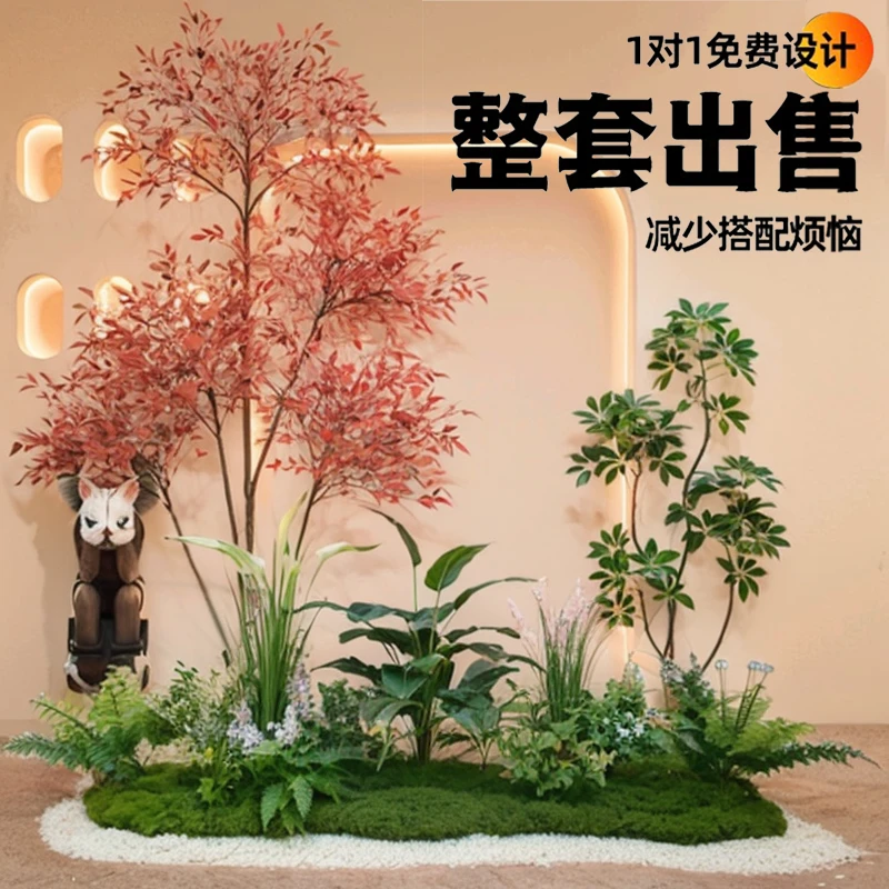 室内仿真绿植景观假树盆栽造景装饰楼梯角落现代欧式植物橱窗设计