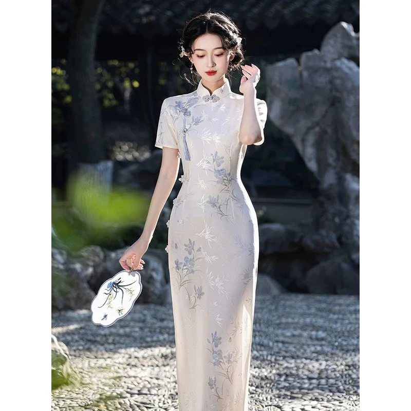 新中式旗袍素雅日常清新提花清冷收腰长款修身新款夏季国风连衣裙