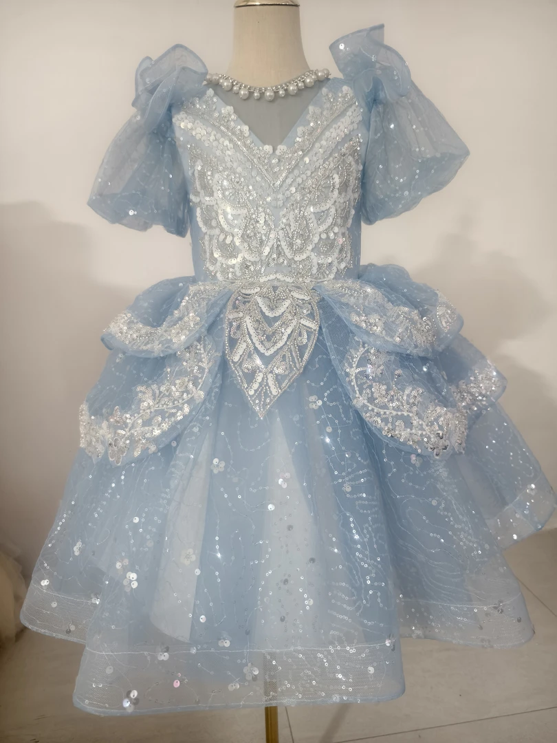 【冰雪女王短款】新品蓝色女童主持人晚礼服钢琴演出服儿童公主裙