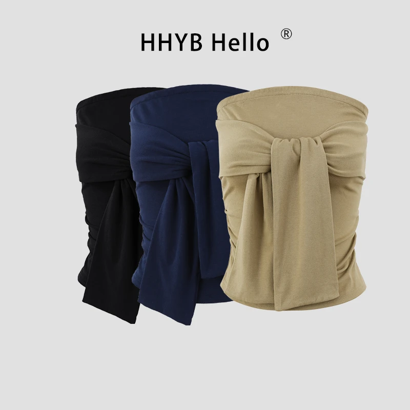 HHYB Hello2025宽松大圆领针织罩衫防晒衫抹胸绑带短款上衣253140