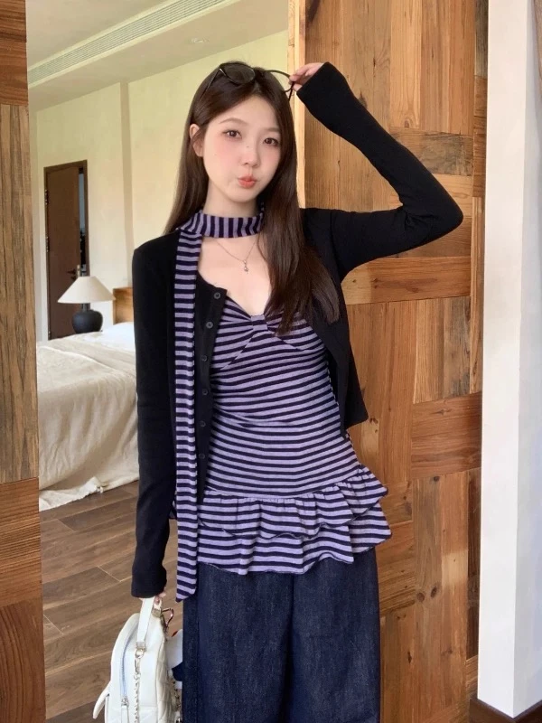 大码胖mm纯欲飘带条纹吊带背心防晒开衫两件套女秋季遮肉显瘦套装