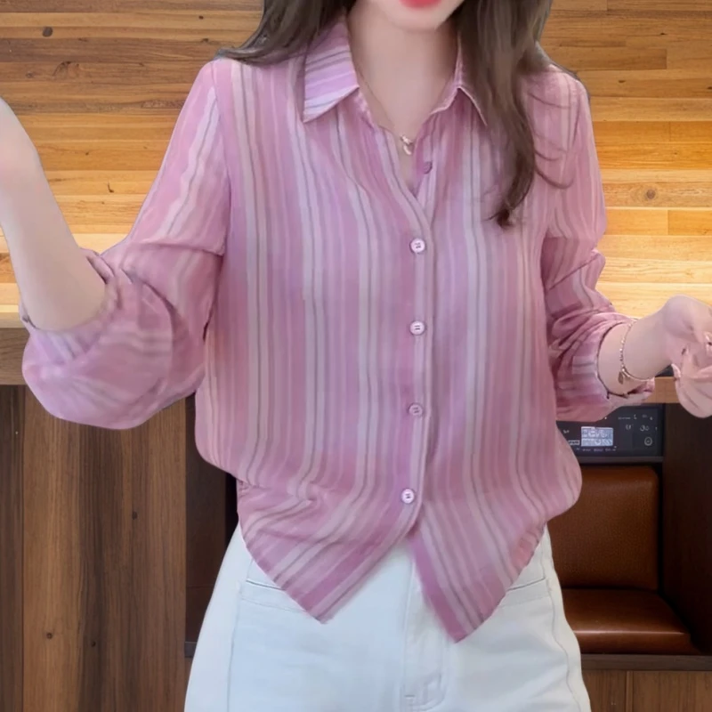 洋气氛围感粉色竖条纹衬衫时尚减龄显瘦衬衣LK2507037