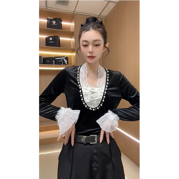 长袖法式名媛喇叭袖蝴蝶结丝绒拼接蕾丝衫衬衫重工钉珠小香风上衣