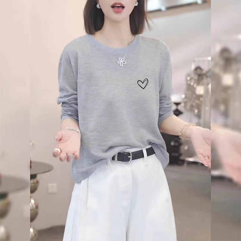 设计感小众雪花棉圆领长袖T恤女士夏季韩版简约宽松显瘦印花上衣