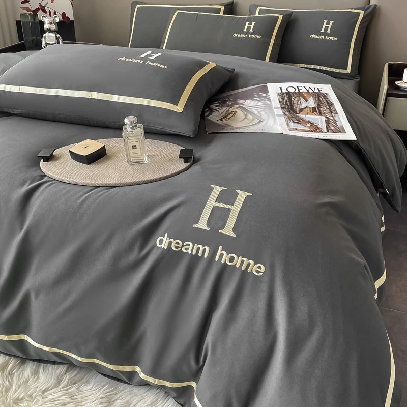 轻奢简约水洗棉磨毛刺绣纯色四件套家用民宿宾馆床品布草套件轻奢