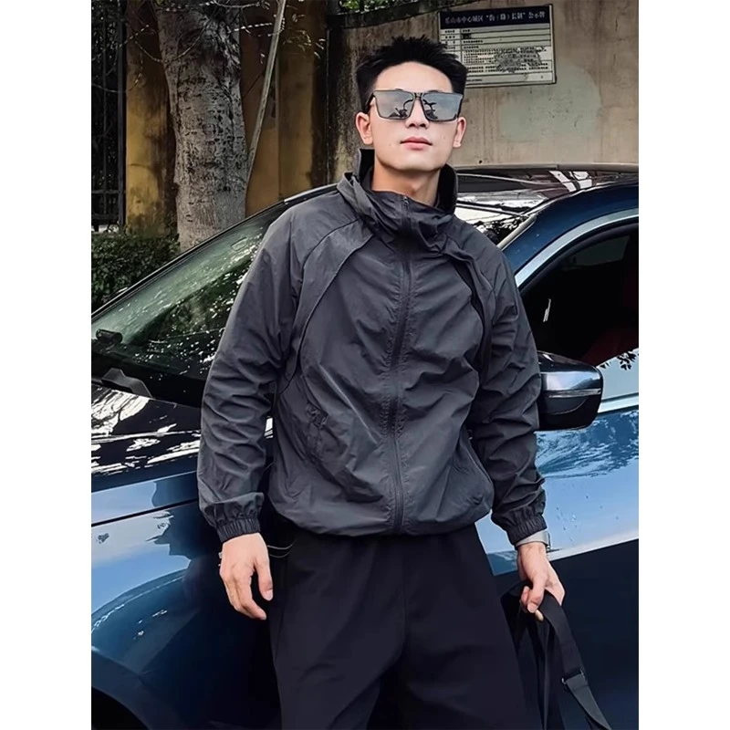 美式户外轻薄连帽防晒衣男款夏季透气骑行冲锋衣运动冰丝凉感外套