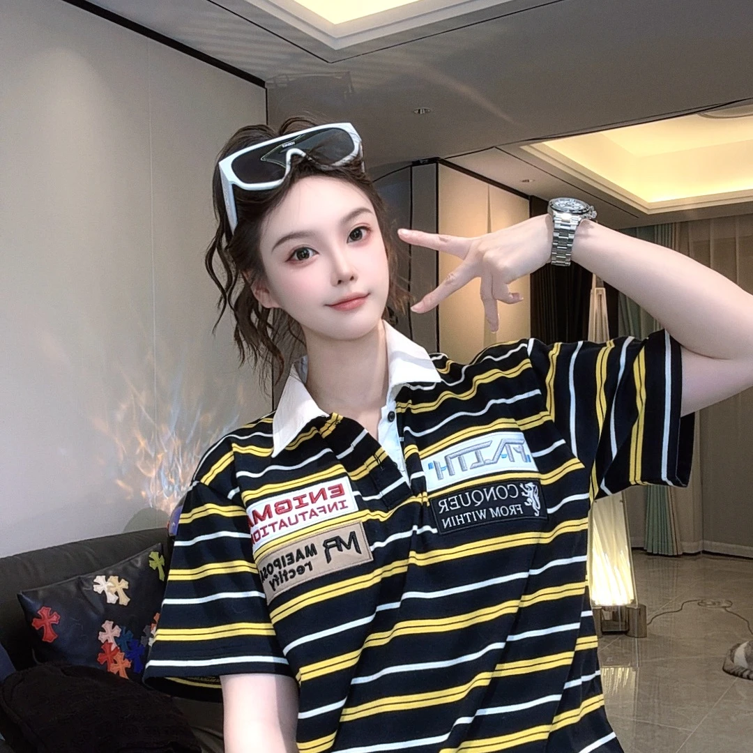 钱老板【大黄蜂】美式复古刺绣宽松百搭条纹POLO衫男女同款26144