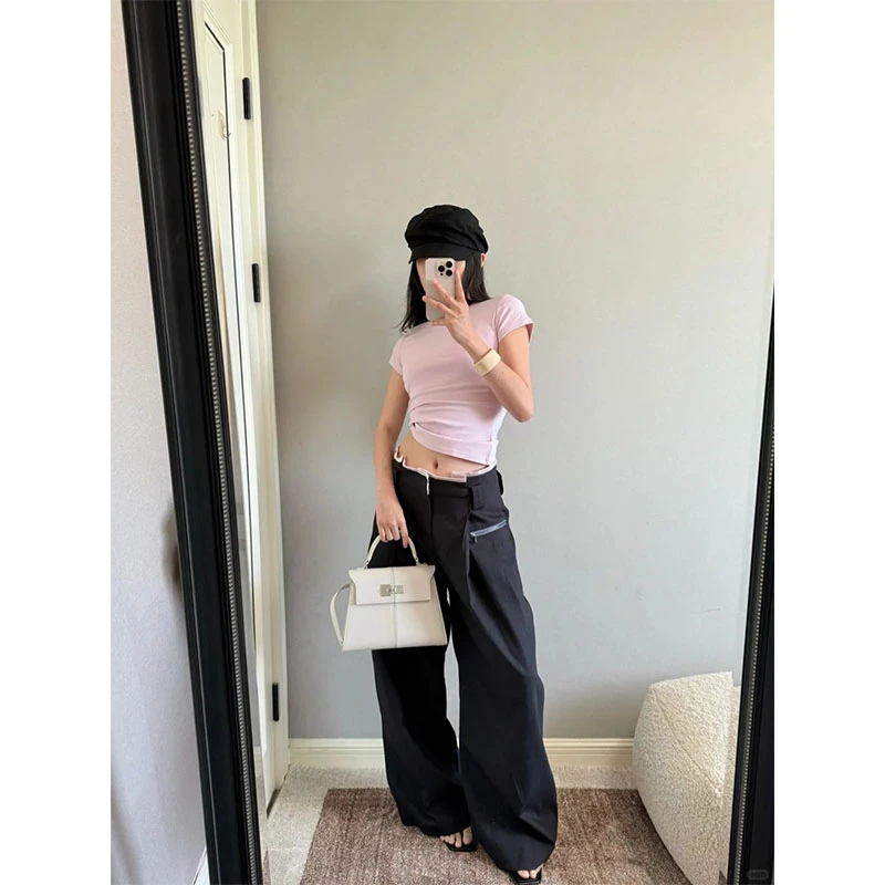 甜美风气质温柔修身短款圆领粉色T恤上衣高腰宽松直筒垂感阔腿裤