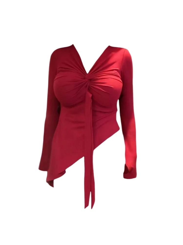 微胖mm纯欲风不规则v领新年红色T恤女修身显瘦设计感别致绝美上衣