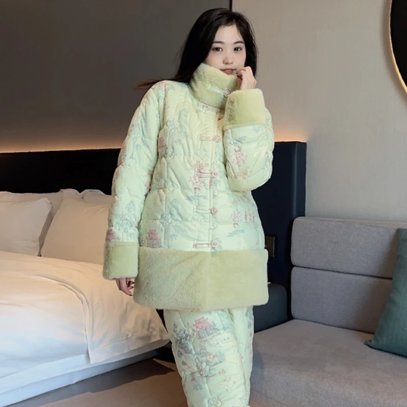 庆同大码睡衣女款冬季三层加厚加绒夹棉珊瑚绒保暖宽松家居服套装