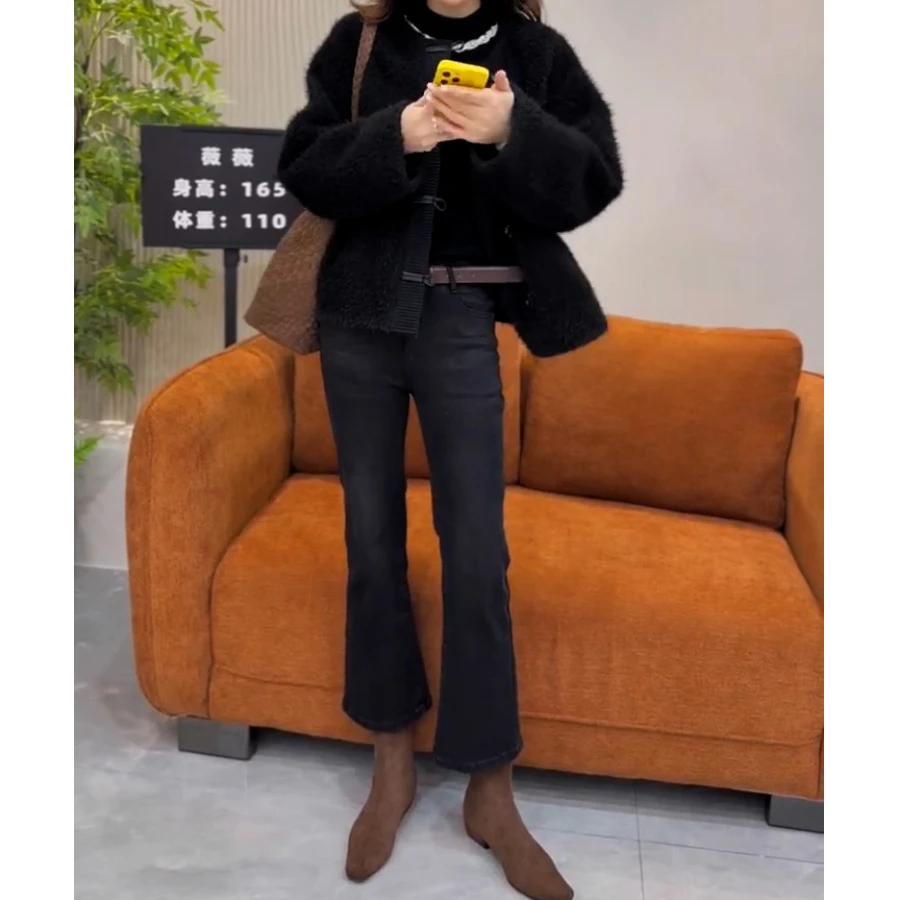 黑灰小个子微喇牛仔裤女秋冬加绒高腰百搭弹力显瘦修身九分喇叭裤