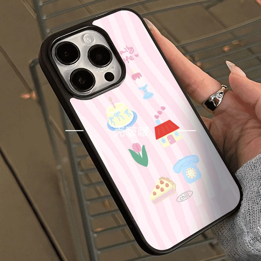 韩系粉色条纹奶酪网红款16promax手机壳黑框14pro防摔15适用苹果1