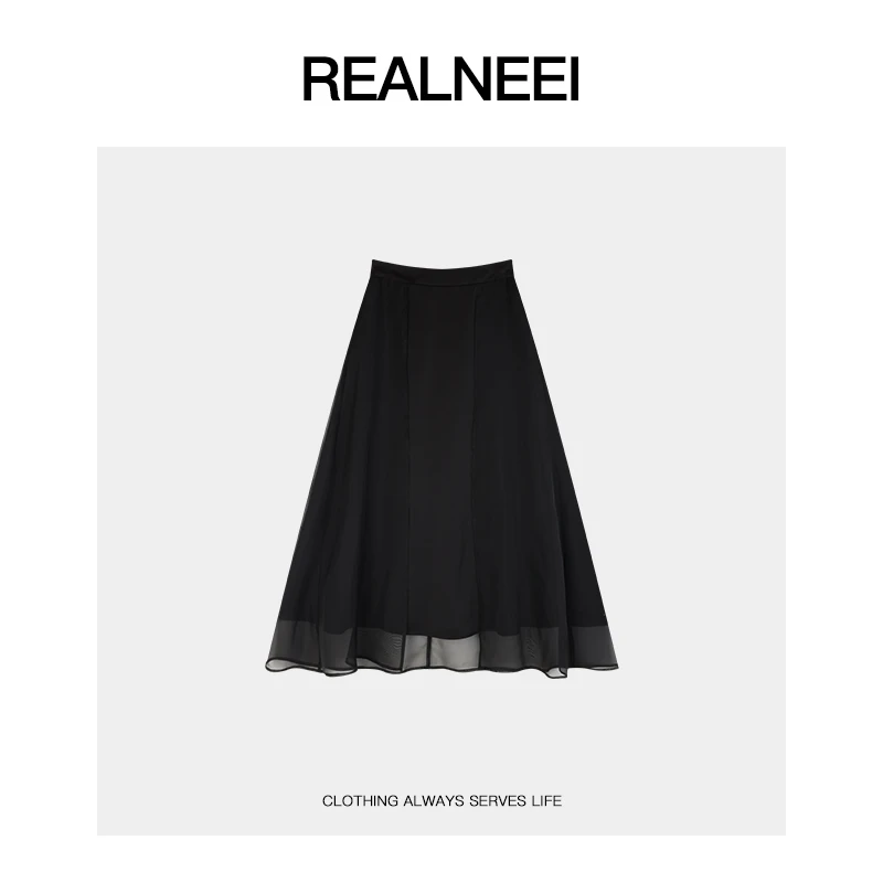 REALNEEI【乔其纱】极简垂感乔其纱拼接高腰飘逸显瘦半身裙22182