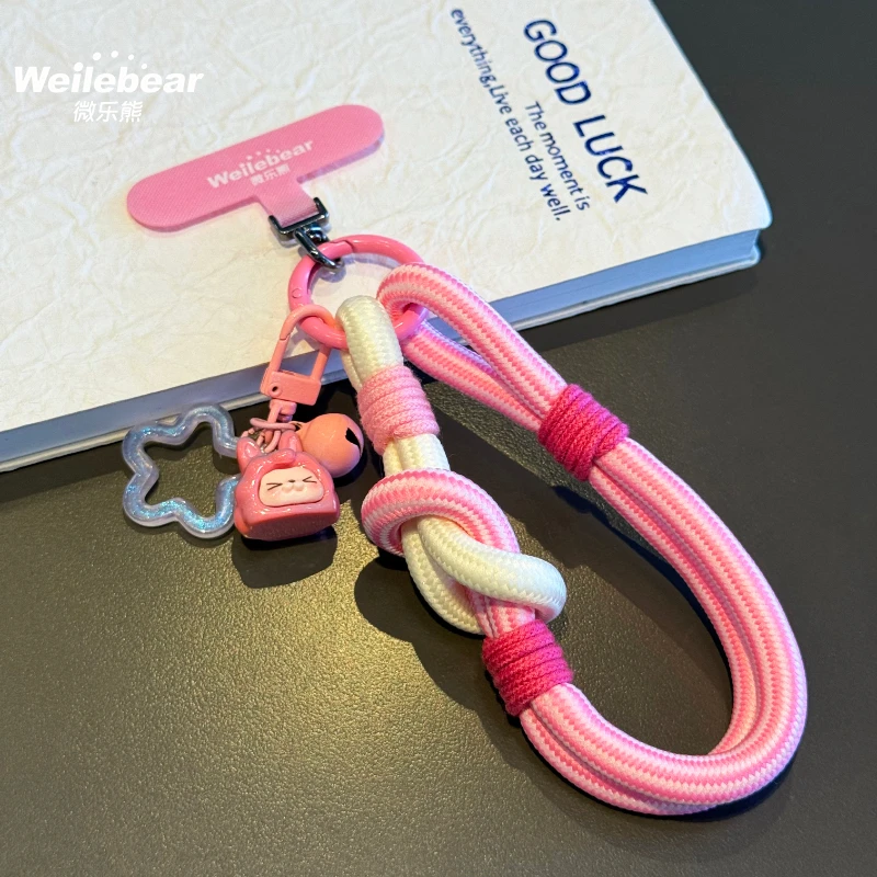 网红KIKI卡通手机挂绳手绳编织条纹色耐用包包挂件挂饰防丢腕带链