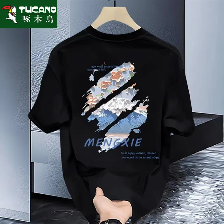 啄木鸟精梳纯棉短袖T男士2025新款夏季美式重磅潮牌宽松百搭体恤