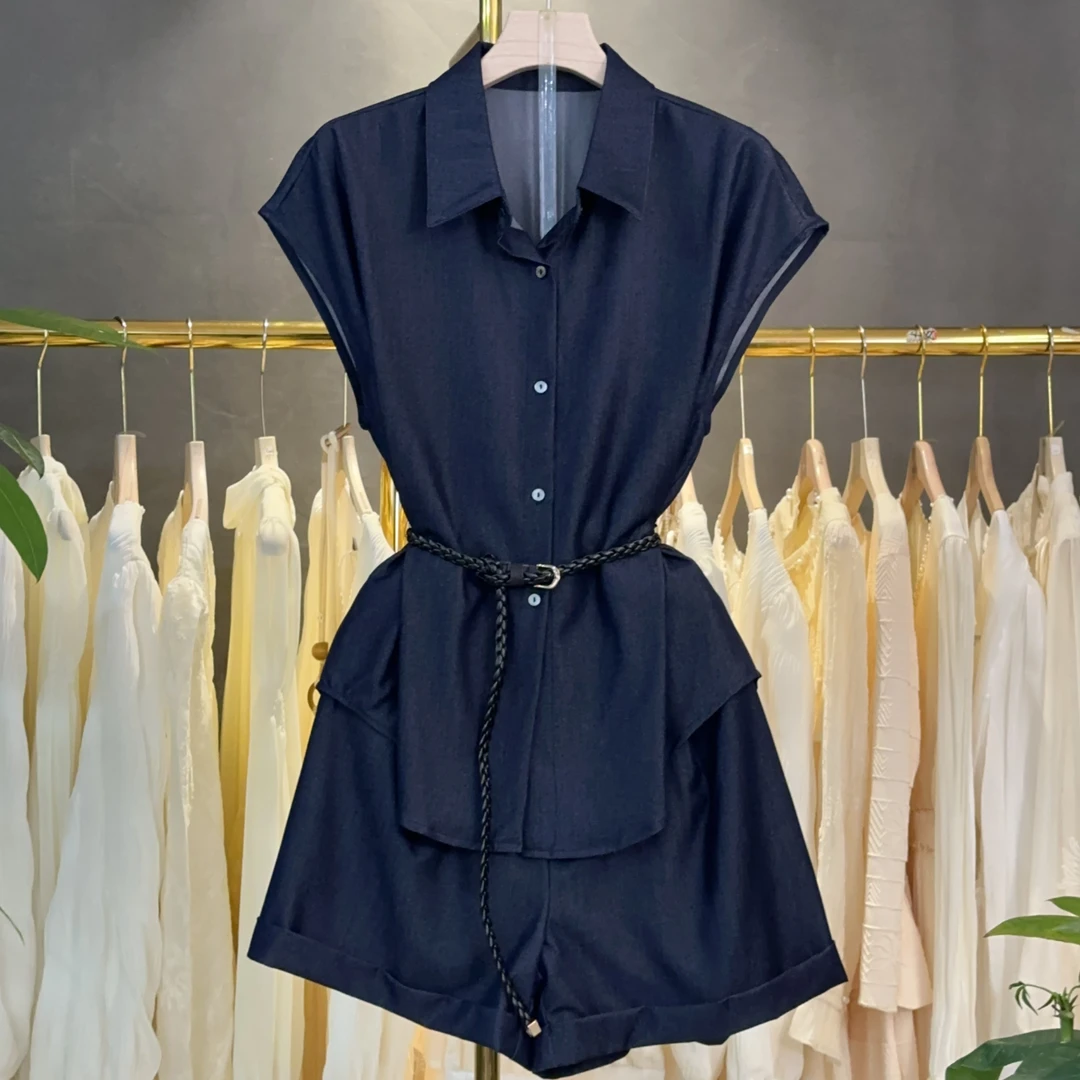 X8005 新款爆款夏季翻领v领短袖衬衫休闲阔腿裤子两件套