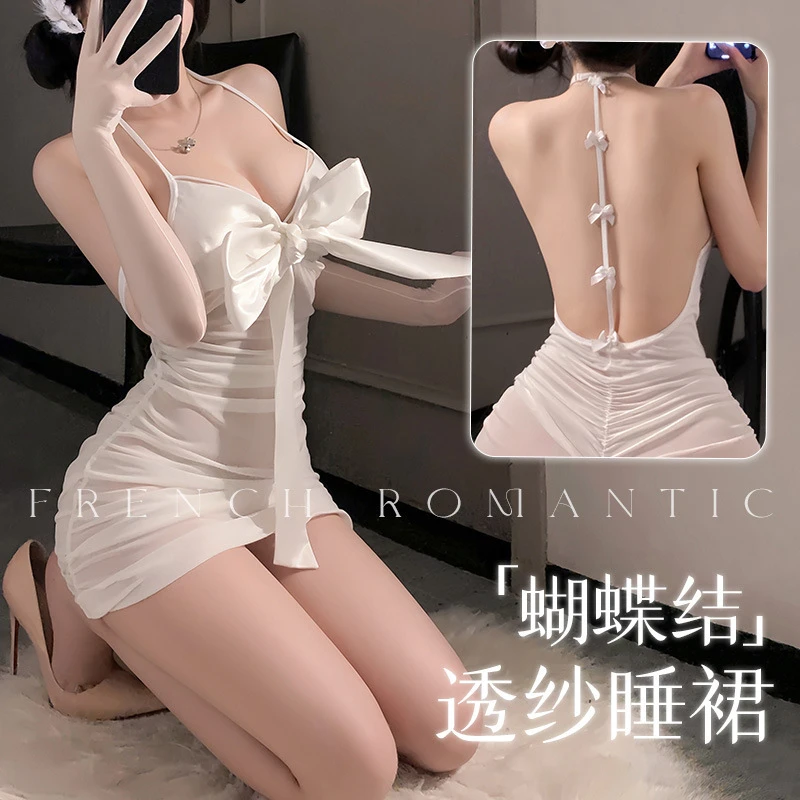 月汐颜语-FM结装饰抽褶透纱睡裙夏季露背网红修身连衣裙性感