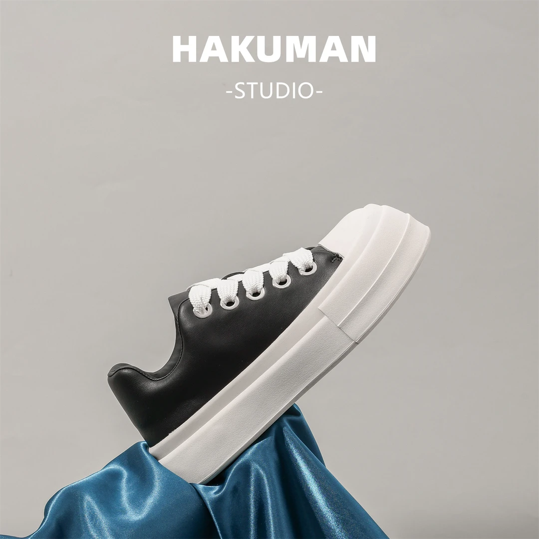 HAKUMAN秋冬板鞋真皮厚底系带时尚白色潮流低帮ro透气百搭潮鞋男