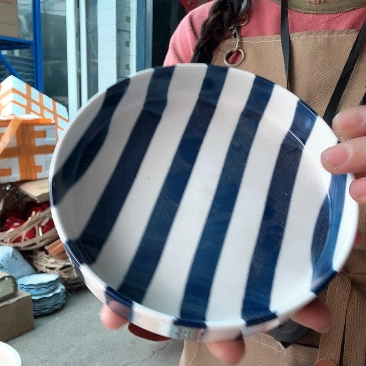 外贸尾单高温陶瓷手绘六寸深盘蓝色