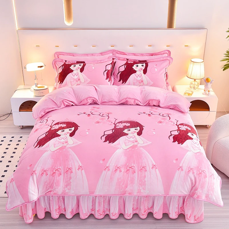 新款加厚小清新牛奶绒四件套被套双面加绒床单公主风床裙款床上用