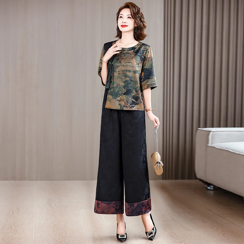 夏季新款复古印花宽松阔腿裤冰丝缎面套装洋气妈妈两件套大码女装