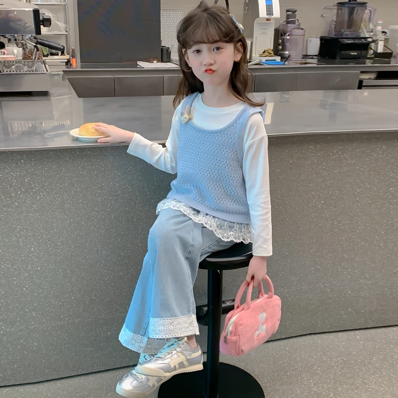 女童秋装套装2025新款儿童洋气时髦女孩春秋季毛衣马甲甜美三件套