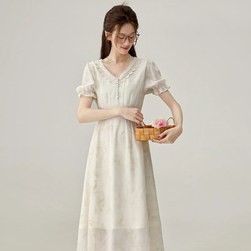 三寸藕【恋恋花影】夏季新款法式温柔风碎花连衣裙女杏色裙L250148