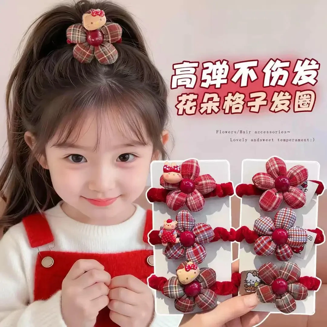 红色格纹花朵发圈儿童秋冬植绒扎发绳可爱卡通丸子头皮筋女童发饰