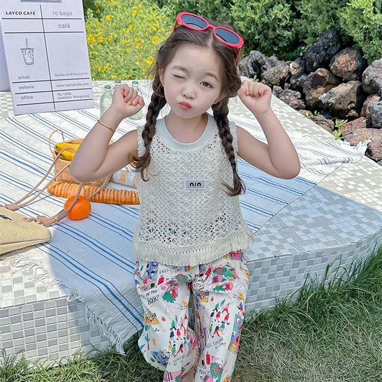 童泰【断码清仓】女童套装夏装碎花2025款宽松洋气儿童蕾丝背心韩版