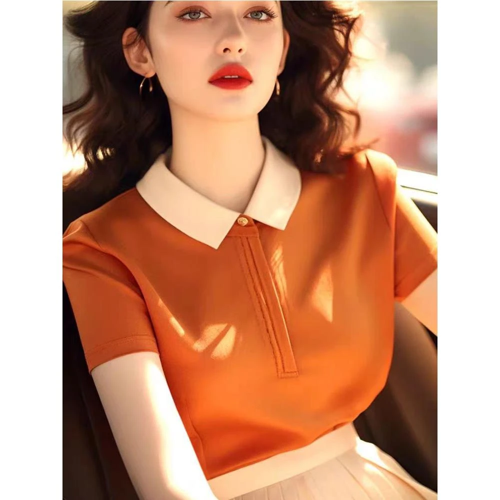 橙色polo领法式洋气短袖t恤女2025夏季显瘦高级设计感减龄上衣服