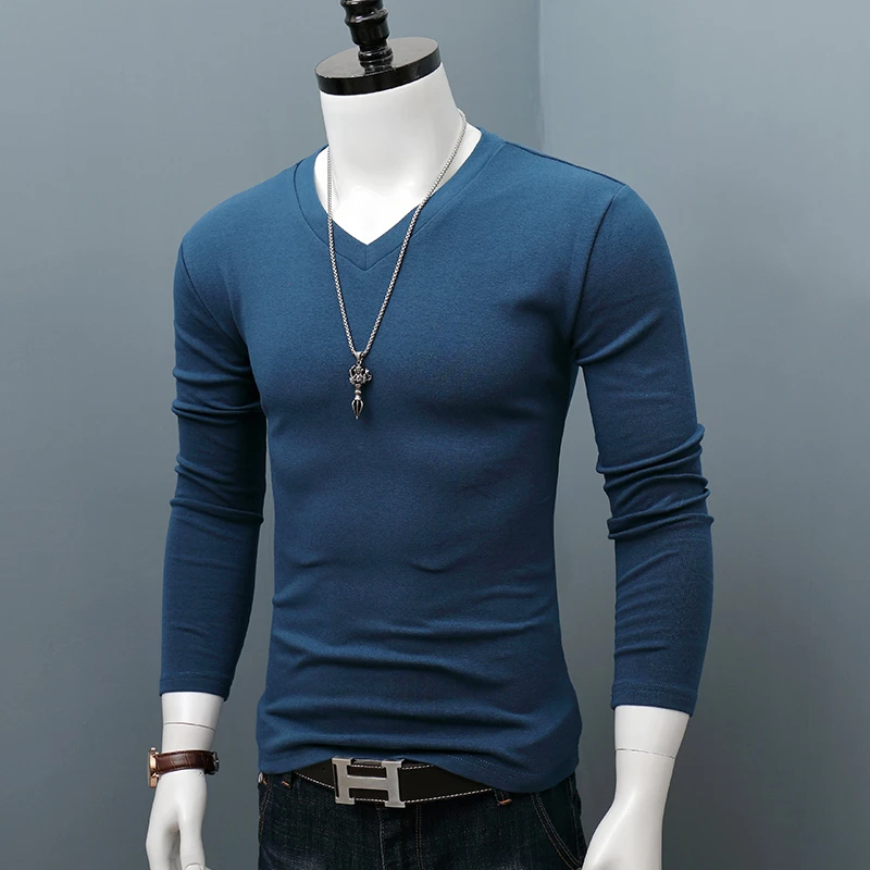 新款男士长袖v领t恤舒适秋季潮流时尚修身纯色小衫长袖打底衫体恤