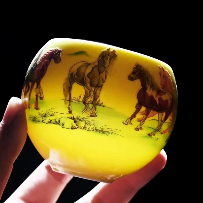 高端茶器八骏图夜光黄龙蛋主人杯
