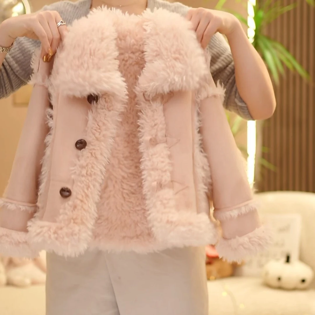 女童毛毛衣2025冬款加绒加厚中大童皮毛一体麂皮绒外套派克服
