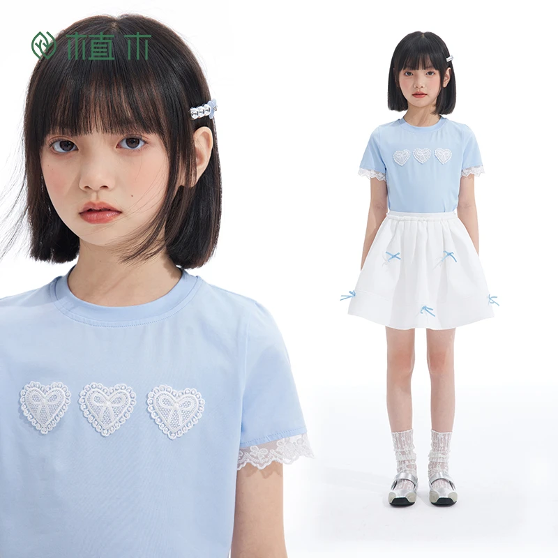 植木童装女童T恤2025夏季新款中大童甜辣风透气短袖上衣儿童T恤