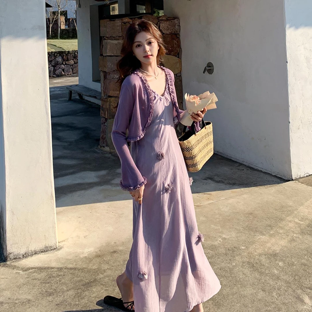 紫色花朵吊带裙套装裙女夏季新款超好看度假风显瘦打底开衫两件套