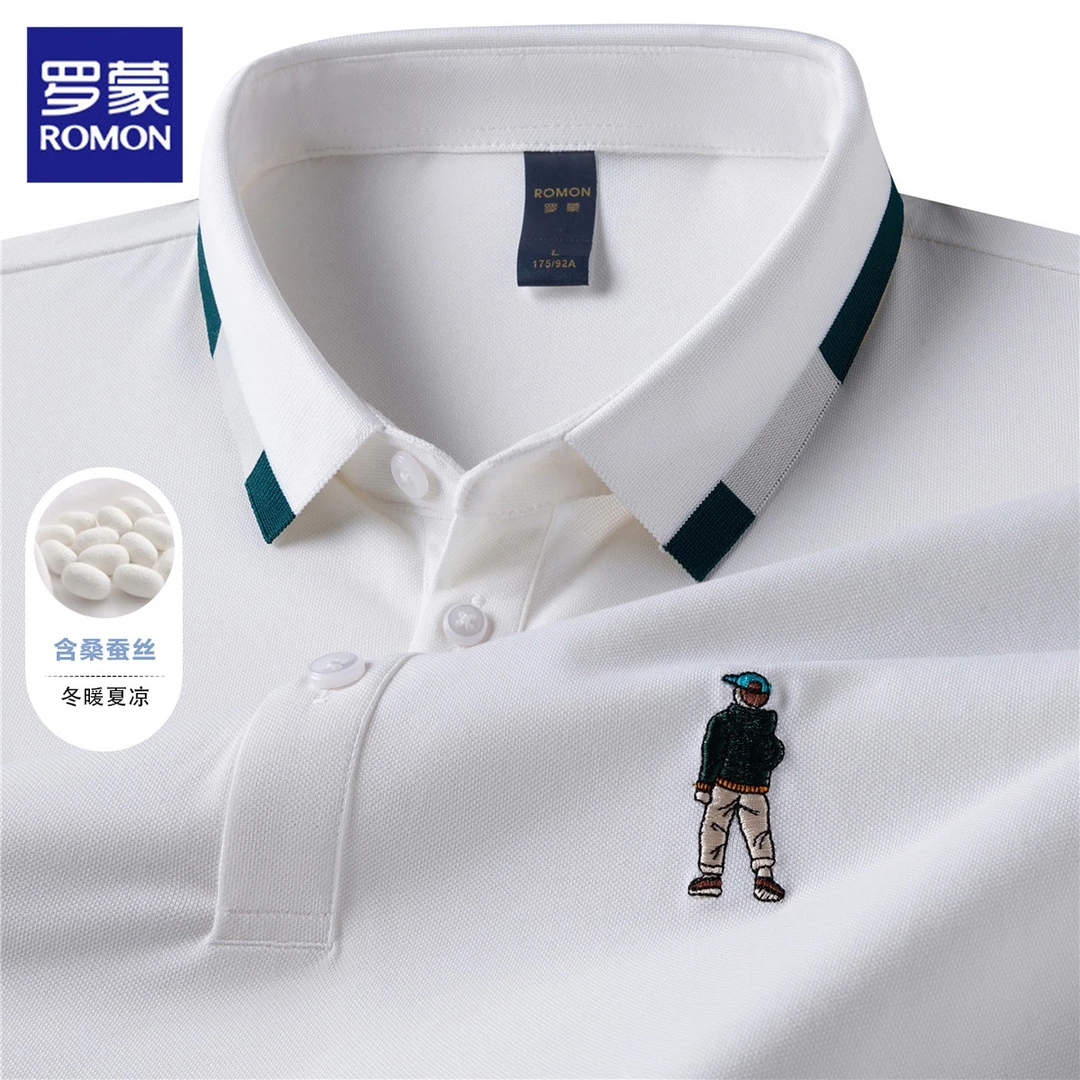 罗蒙桑蚕丝短袖t恤男士高级感刺绣上衣夏季薄款休闲商务polo衫男