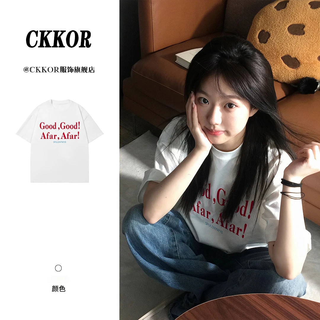 CKKOR夏季新款穿搭美式复古设计风字母印花时尚圆领短袖女T恤上衣