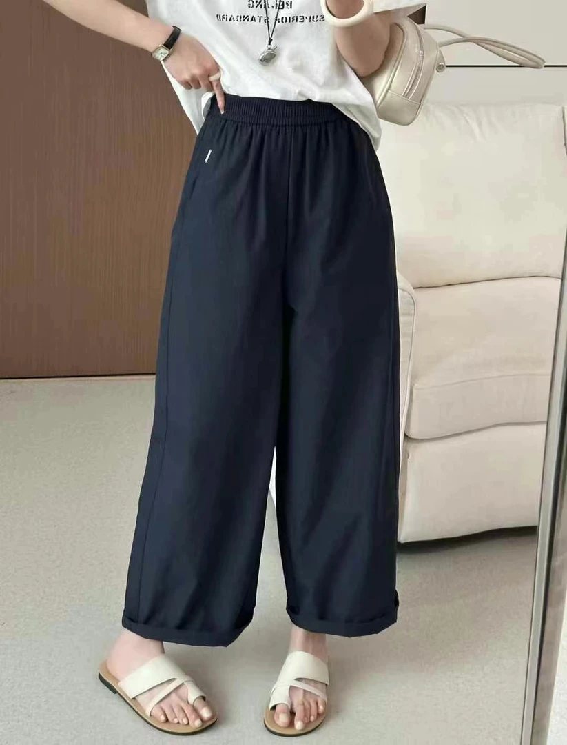 6826直筒裤哈伦裤拼接极简风休闲裤松紧腰速干裤直筒纯色九分裤女