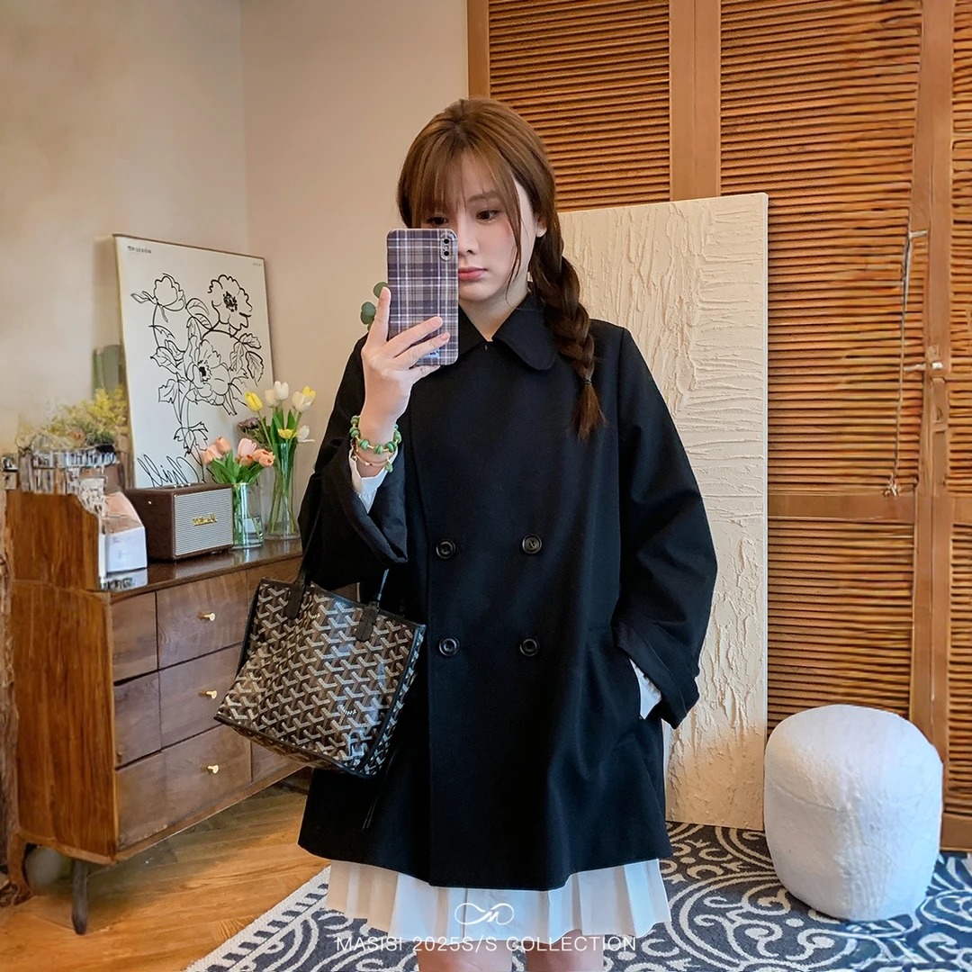 2025女装设计感翻领双排扣风衣秋冬季宽松显瘦阔版外套