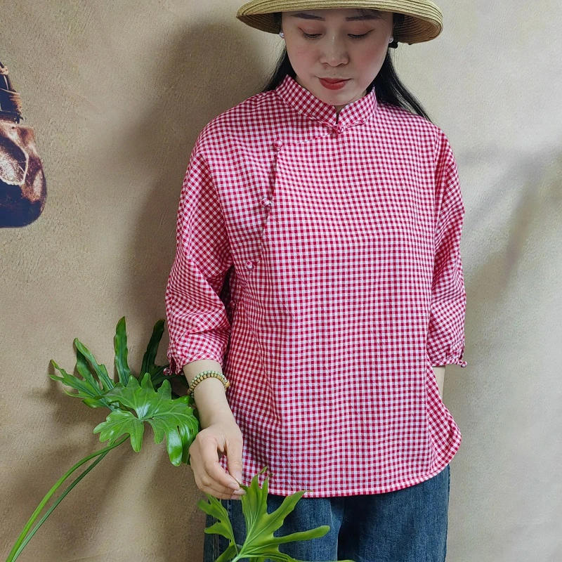 体验款【拾光】素荷原创 翻领衬衫复古 文艺手工包扣新款女上衣