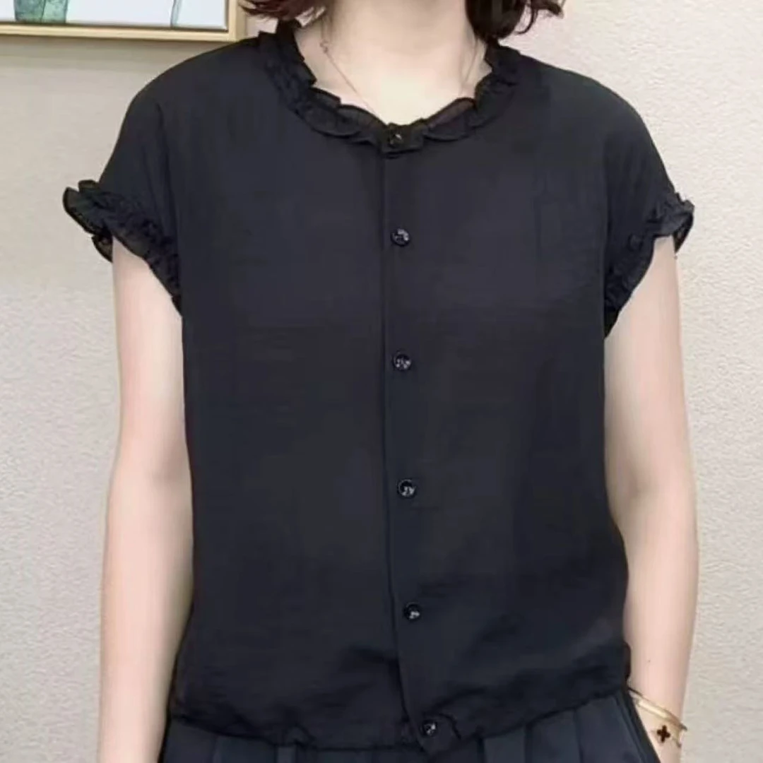 【娜姐家】夏季气质花边百搭休闲圆领衬衫