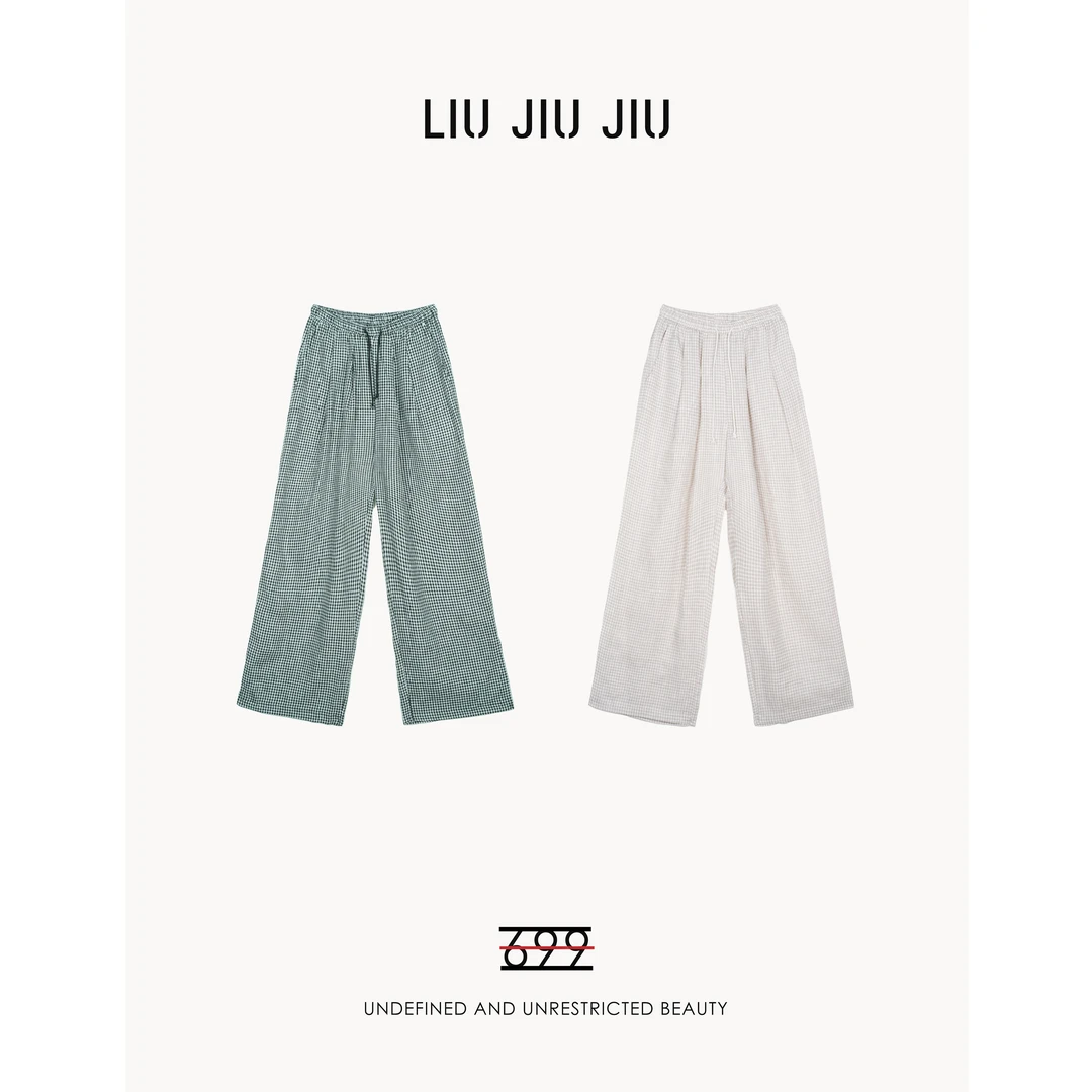 LIUJIUJIU 欧货款棉麻款小格纹拼接撞色休闲裤KZ2046L