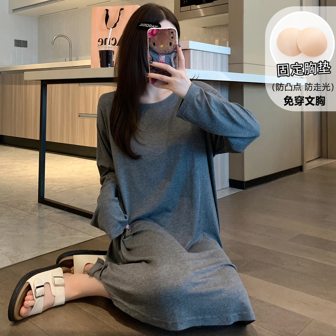 睡裙女款2025新款秋季长袖莫代尔带胸垫宽松韩系休闲可外穿家居服