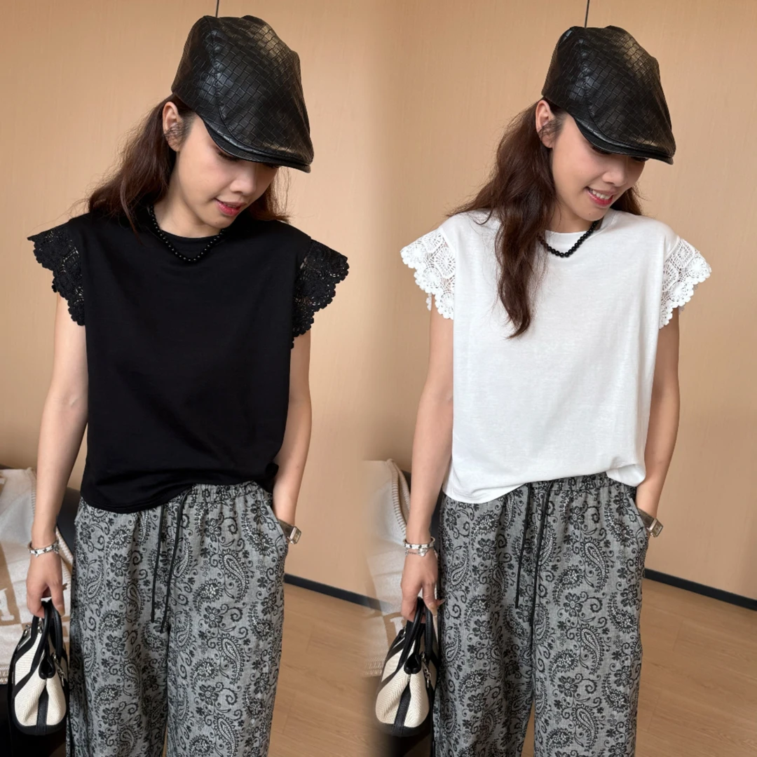 二姐的宝藏夏款韩系时尚宽松圆领镂空钩花小飞袖上衣显瘦#25180