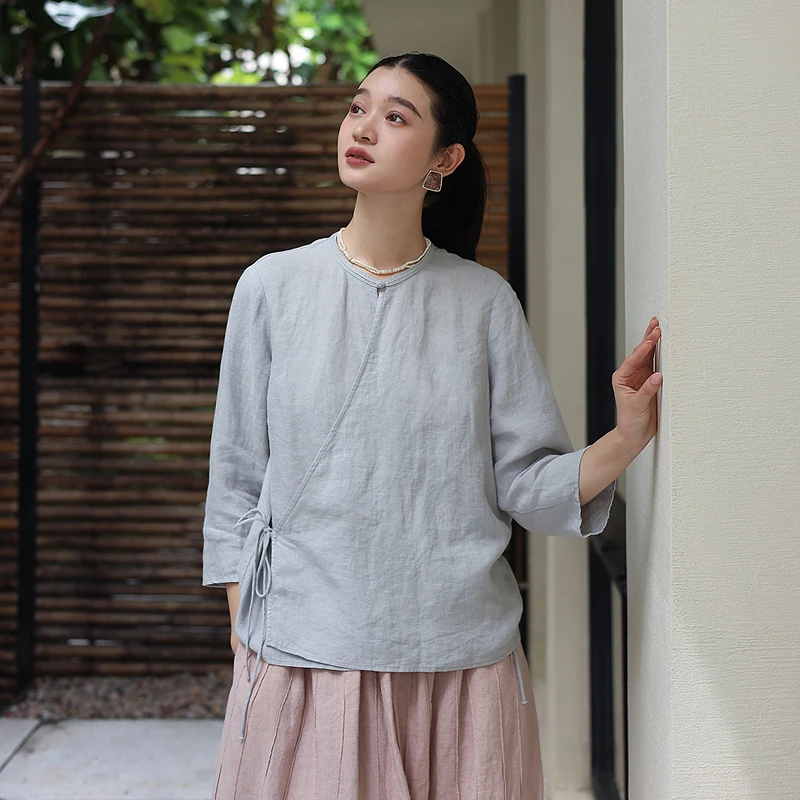 砂洗亚麻新中式手工盘扣斜襟系带透气衬衫